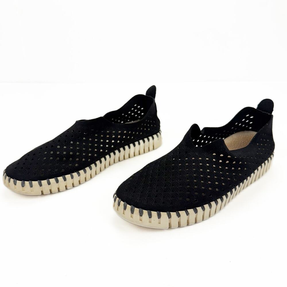 Ilse Jacobsen Black Faux Suede Perforated Slip‎ On Sneakers 6/6.5 Comfort Light
